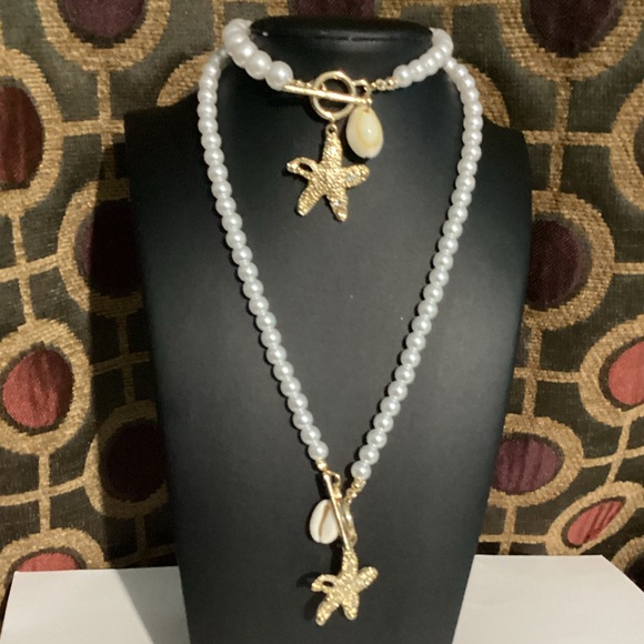 🪸Naitical Starfish & Puka  Shell Beaded Pearl toggle collar necklace & Bracelet - Picture 11 of 16